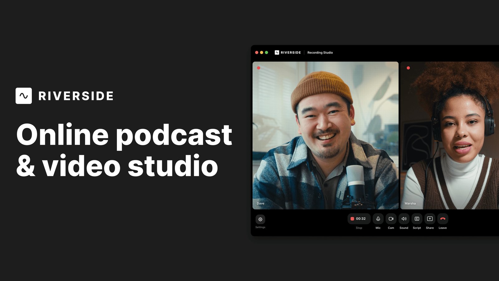 Riverside online podcast ve video stüdyosu: uzaktan bağlanan iki konuşmacının kayıt ekranı